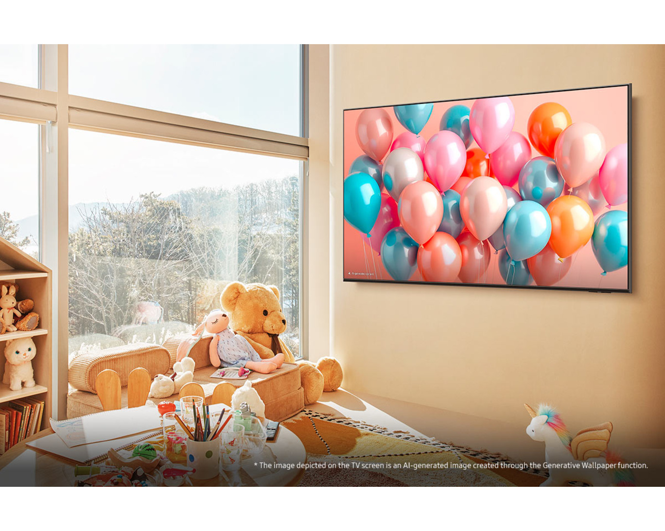 vn-qled-tv-qa65q7f5akxxv-a-child-s-room-is-filled-with-toys--such-as-stuffed-animals--on-the-wall-is-a-tv-that-depicts-colorful-balloons-on-screen--the-image-depicted-on-t